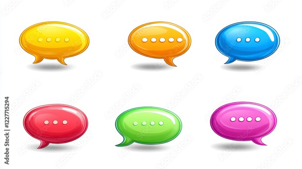 Poster six colorful glossy speech bubbles with pixel art style, arranged in two rows on a white background.