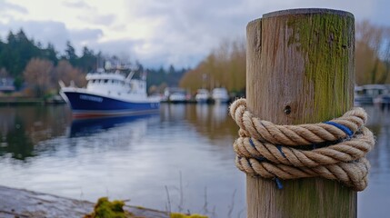 Rope tied to weathered dock post with fishing boat in serene waterfront scene against cloudy sky and lush trees in background.
