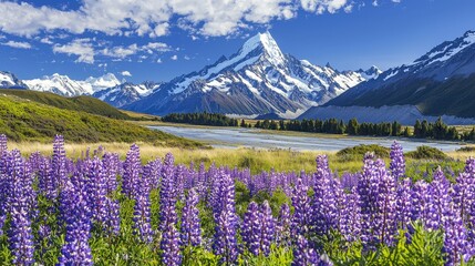 Majestic Mountain Landscape with Purple Flowers Under Blue Sky