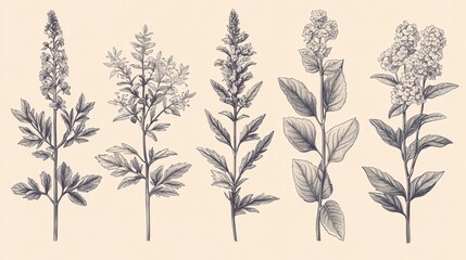 Fototapeta premium Collection of six botanical illustrations featuring delicate, stylized plant stems with textured leaves in shades of black and gray against a beige