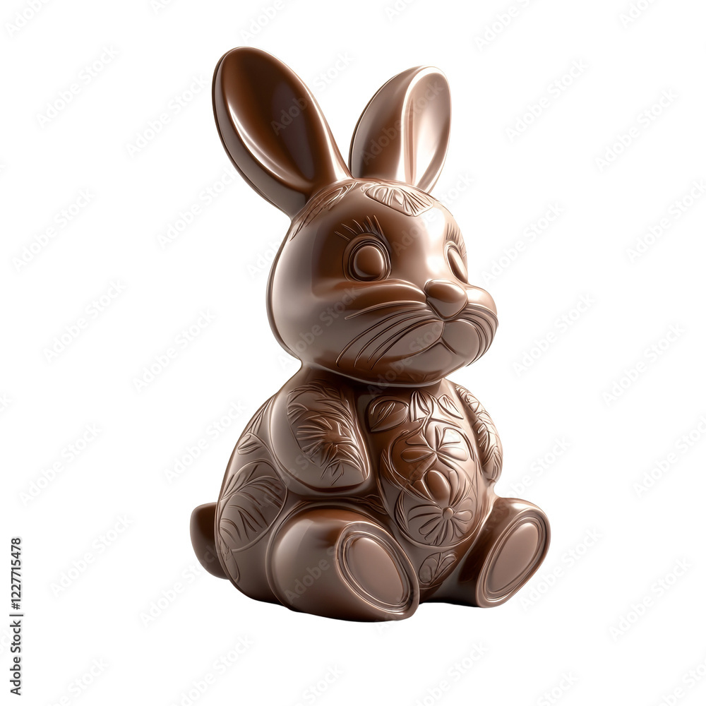 Poster this image shows a detailed 3d rendering of a milk chocolate easter bunny, intricately decorated wit