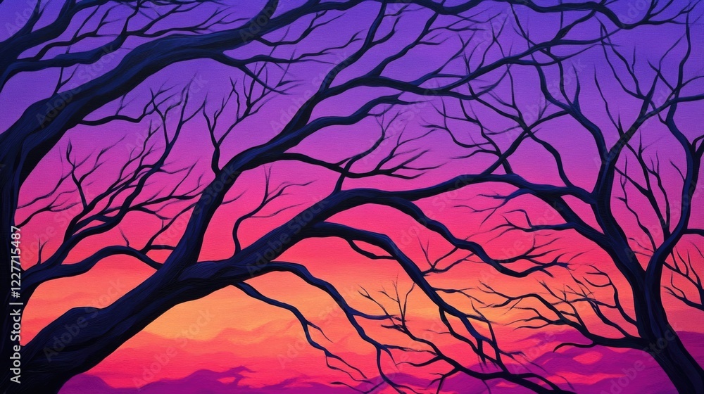 Poster silhouetted bare tree branches against a vibrant dusk sky with purple and orange hues creating a ser