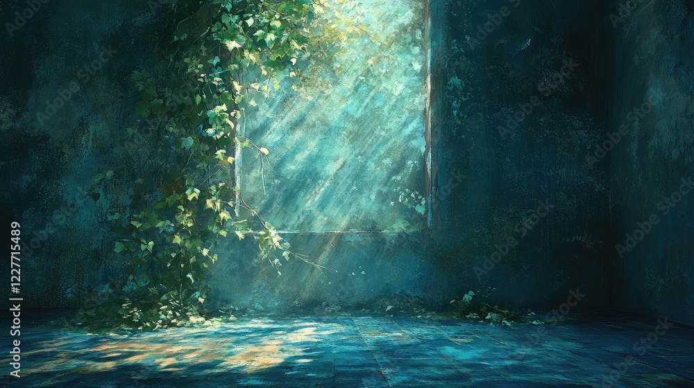 Poster painterly studio space with sunlight streaming through a window adorned with vibrant ivy creating an