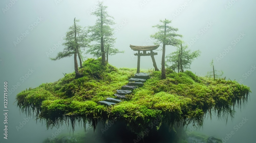 Poster zen forest landscape with misty setting and lush green moss on ground surrounded by trees and tranqu