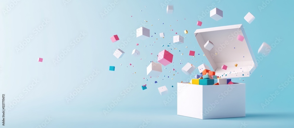 Poster Minimalist gift box with colorful cubes floating in a serene background ideal for modern eCommerce product promotion and digital presentations.