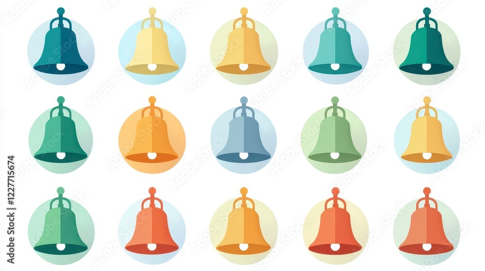 Poster collection of sixteen pastel colored bells in circular frames, arranged in a grid pattern. each bell