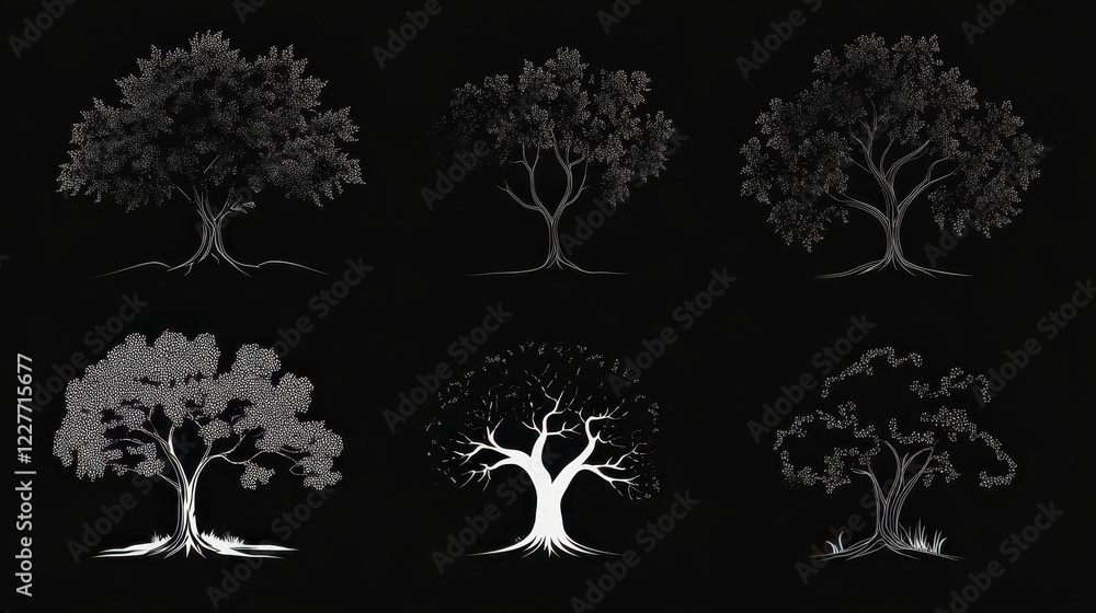 Poster collection of six stylized white tree illustrations on a black background. each tree is unique in it
