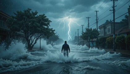 Write a short story from the perspective of a person caught outside during a sudden, violent storm, with lightning cracking the sky and the streets rapidly filling with water