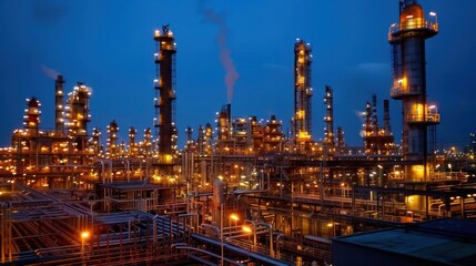 Night view of an industrial complex with illuminated structures and smoke emissions