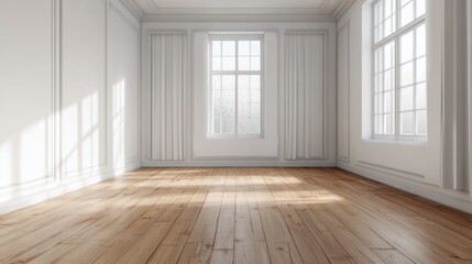 Bright and airy bedroom interior showcasing white walls, wooden floors, and large windows allowing natural light to fill the space.