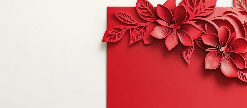 Elegant red gate fold invitation template featuring intricate floral laser cut design with blank space for personalized text.