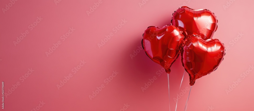 Poster red heart-shaped balloons on a soft pink background with ample blank space for text perfect for vale