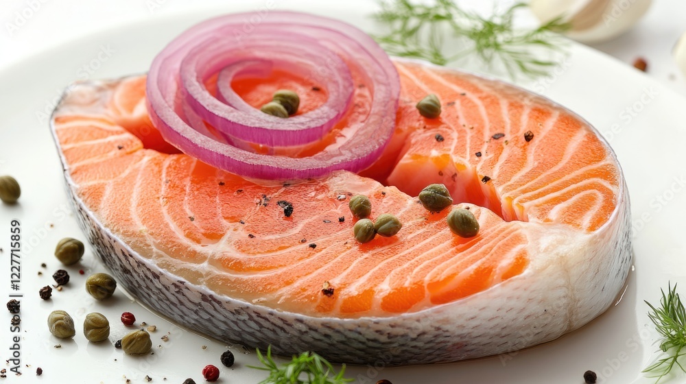 Poster fresh salmon steak garnished with red onion and capers on a plate with spices and herbs for a gourme