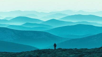 Obraz premium Solitary figure standing on a rocky peak overlooking a vast, hazy mountain range under a pale sky. The mountains are rendered in shades of blue