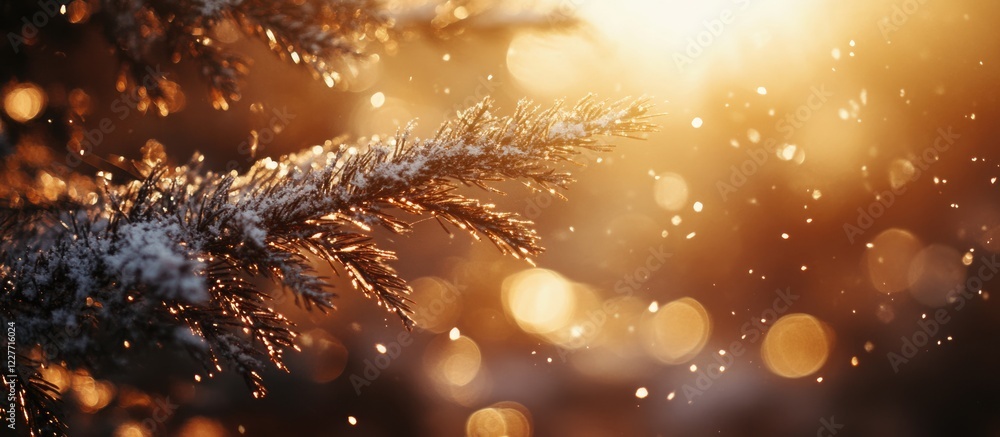 Poster snowy fir tree branches glistening in sunlight with blurred bokeh lights soft winter magic abstract 