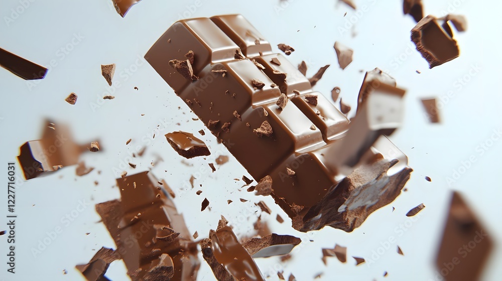 Poster a chocolate bar exploding into pieces, showcasing its texture and richness.