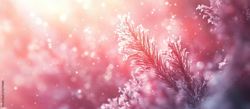 Poster blurred fir tree branches in sunlight with snowflakes and bokeh creating an abstract winter magic ba