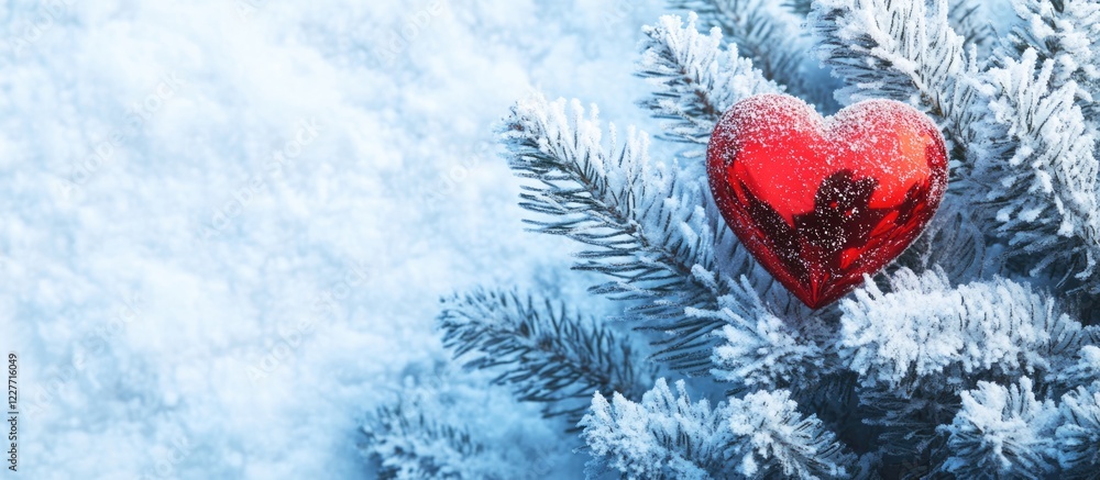 Poster red heart ornament on frosty fir tree with snow background and empty space for personalized text or 