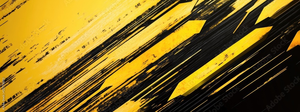 Poster dynamic yellow black striped background with arrows illustrating movement and ample copy space for c