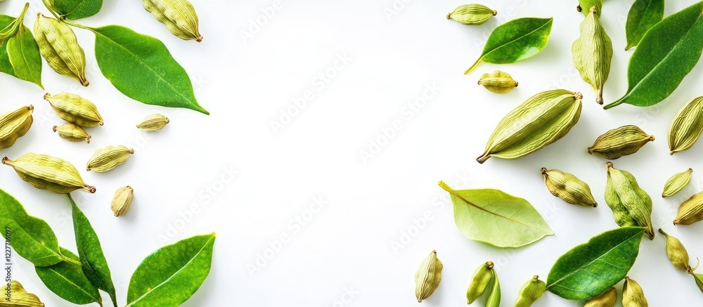 Poster cardamom pods and fresh green leaves beautifully arranged on white background with empty space for c