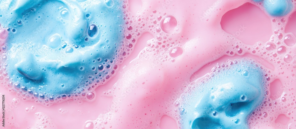Poster colorful abstract macro of blue and pink mousse with bubbles minimalist top view on hard surface for