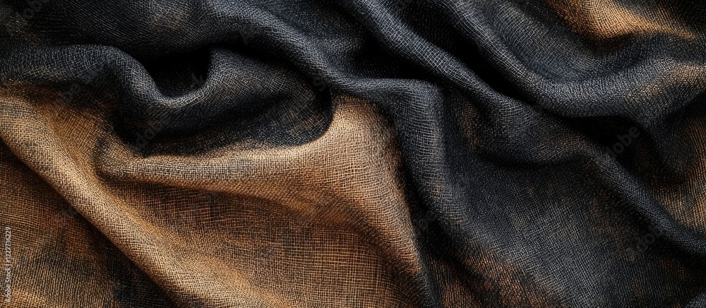 Poster textured fabric background in black and brown tones with soft drapes and empty space for text or des
