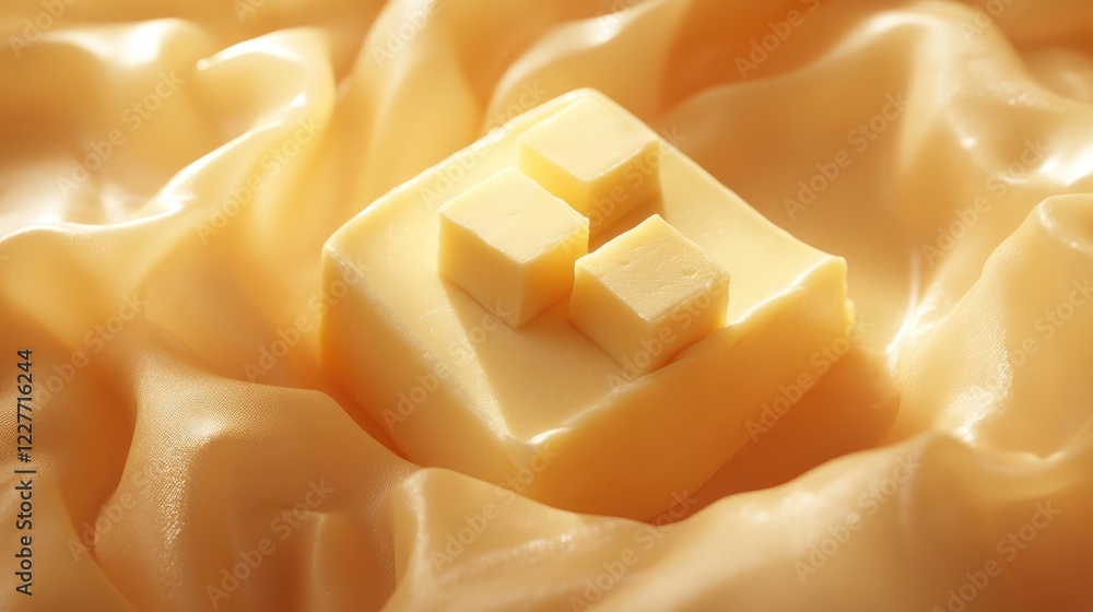 Poster close up of realistic butter with three cubes on soft fabric background