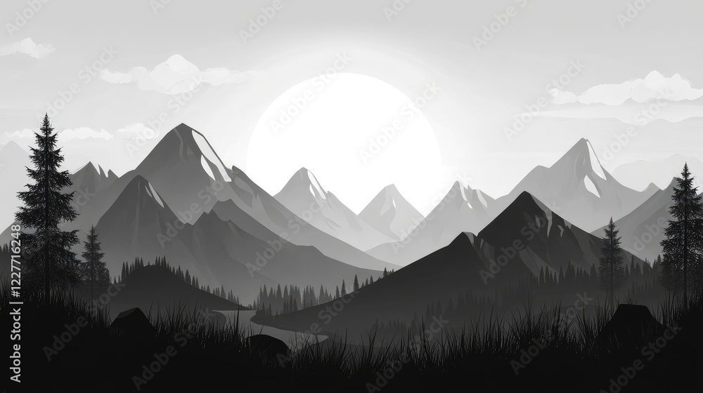 Poster monochrome mountain landscape with blank space for text in a serene and realistic style ideal for na