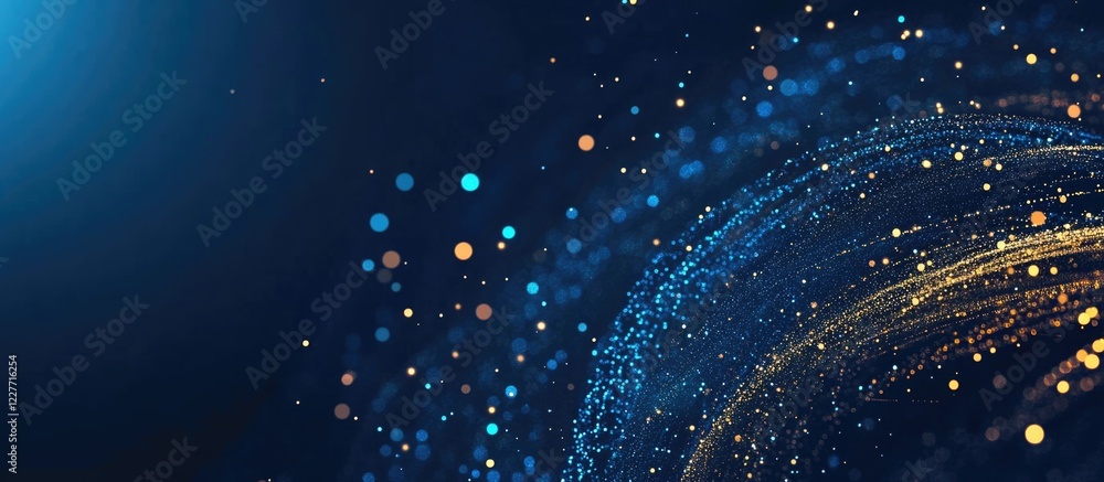 Poster Blue and gold abstract circular background with bokeh lights creating a nostalgic holiday atmosphere and space for text insertion