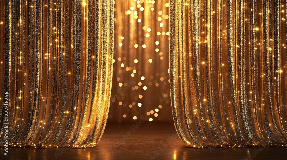 Poster glistening gold sequined curtain with sparkling lights creating a vibrant disco atmosphere for event