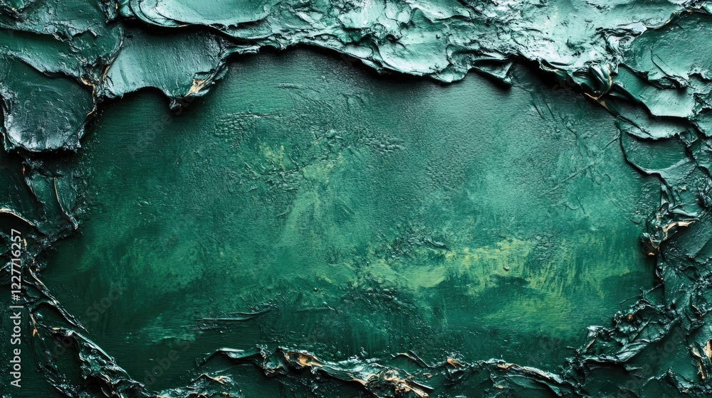 Poster Dark green organic acrylic paint texture with crayon and clay elements on a chalkboard background featuring empty space for text or design.