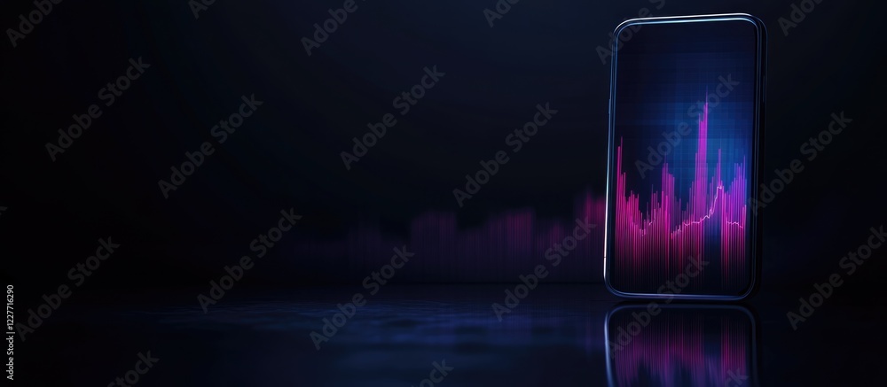 Poster smartphone displaying a stock market graph on a dark background with ample empty space for text and 
