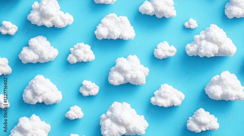 Poster numerous fluffy white clouds are arranged on a light blue background in a repeating pattern. the ima