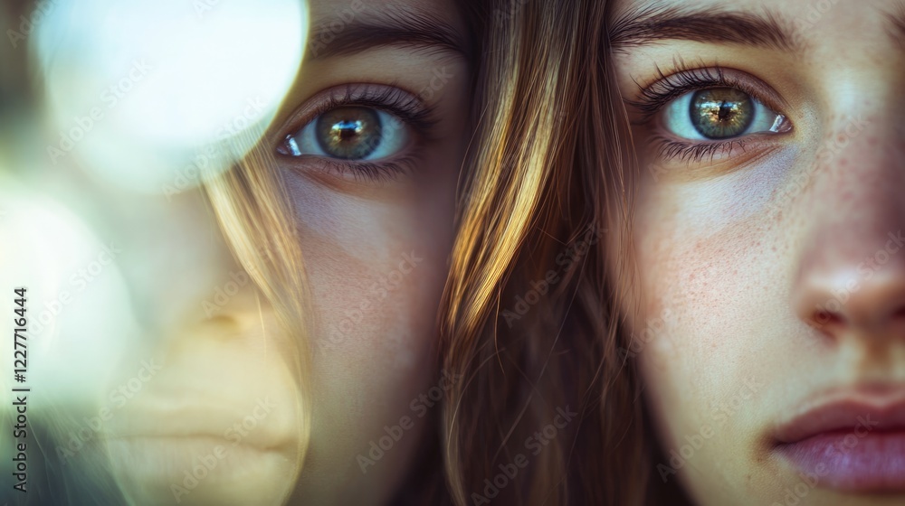 Poster identical twin women showcasing contrasting expressions and features with bokeh background ideal for