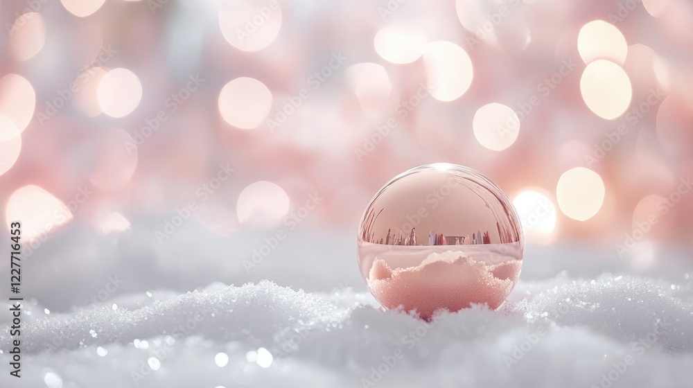 Poster rose gold christmas ornament on snow with pastel background and soft bokeh lights creating a festive