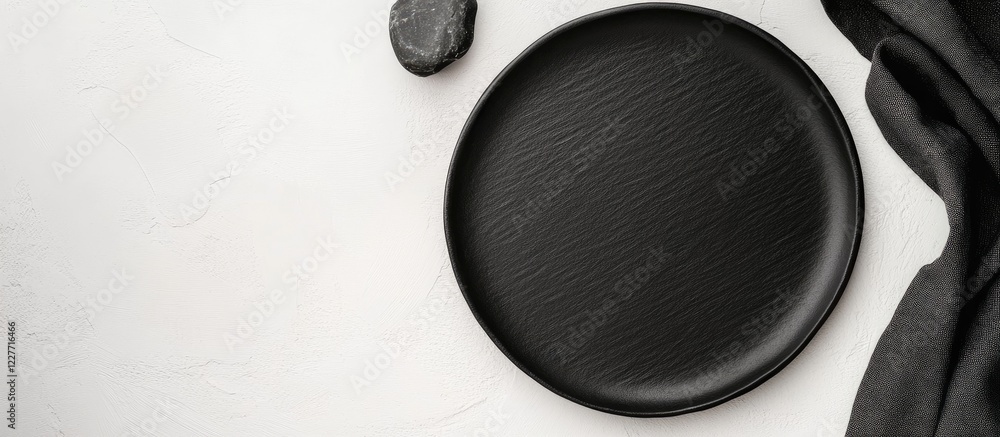 Poster elegant black stone plate and napkin on a white table background perfect for showcasing design and c