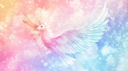 Fototapeta premium Majestic Winged Unicorn Soaring Through a Colorful Dreamy Sky