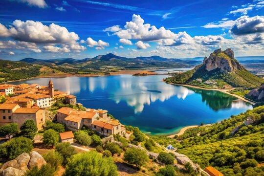 Drone captures Sardinia's stunning Lake Temo and Monteleone Roccadoria, showcasing azure waters against a brilliant blue sky.