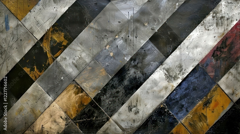 Poster abstract metal surface with diagonal patterns, showcasing weathered textures and colors