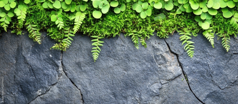 Poster lush green moss and ferns grow on a textured stone wall with macro detail, providing a serene natura