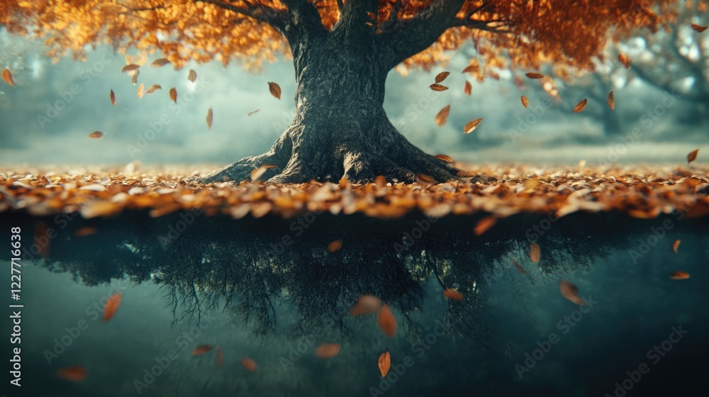 Poster tree roots underground with autumn foliage above symbolizing life and nature's interconnectedness in