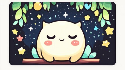 Whimsical Owl Sitting on a Moonlit Branch Surrounded by Bright Stars and Leaves