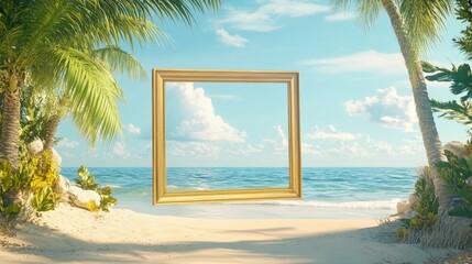 Serene Tropical Landscape with Empty Gold Frame on Sandy Beach and Turquoise Ocean Under Blue Sky