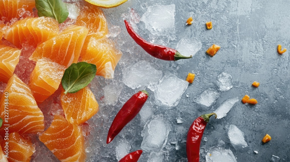 Poster sashimi platter with fresh salmon and chili peppers creatively arranged on a bed of ice for a vibran