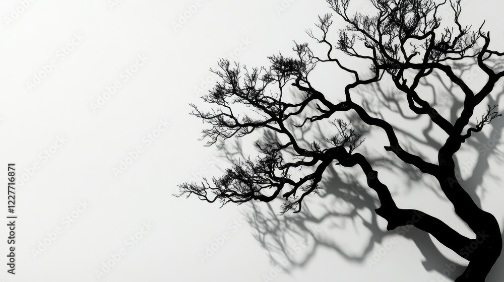 Poster silhouette of a leafless tree displaying intricate branches and shadows against a crisp white backgr