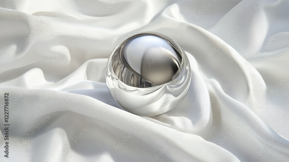 Aufkleber Elegant metallic sphere resting on luxurious white fabric with soft folds and textures creating a serene and modern aesthetic.