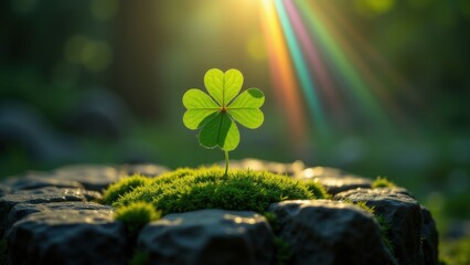 This evocative scene presents a Four-Leaf clover caught in prismatic reflections, celebrating the mystical essence of St. Patrick's Day as soft light and moss textures deepen its charm.