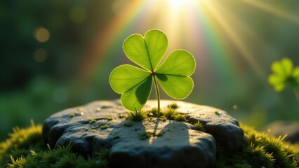 Indulge in the enchantment of St. Patrick’s Day with this Four-Leaf clover on a mossy stone, where refracted rainbow hues from water droplets lend a dreamy, magical aura.