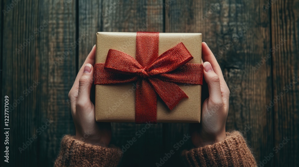 Poster Close up of hands unwrapping a beautifully tied gift box on a rustic wooden background with ample copy space for festive messages