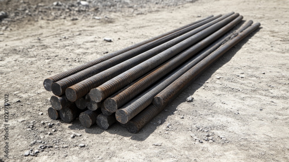 Poster steel reinforcement bars stacked on ground for construction with blank space for custom text or mess